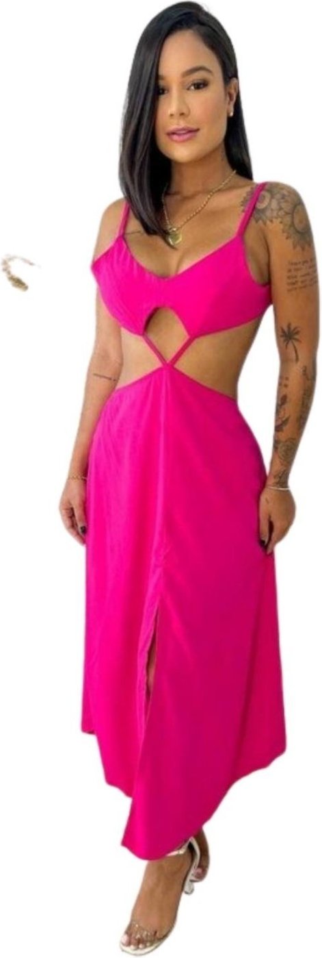 Vestido Midi Viscose Abertura Laço Amarração Rosa
