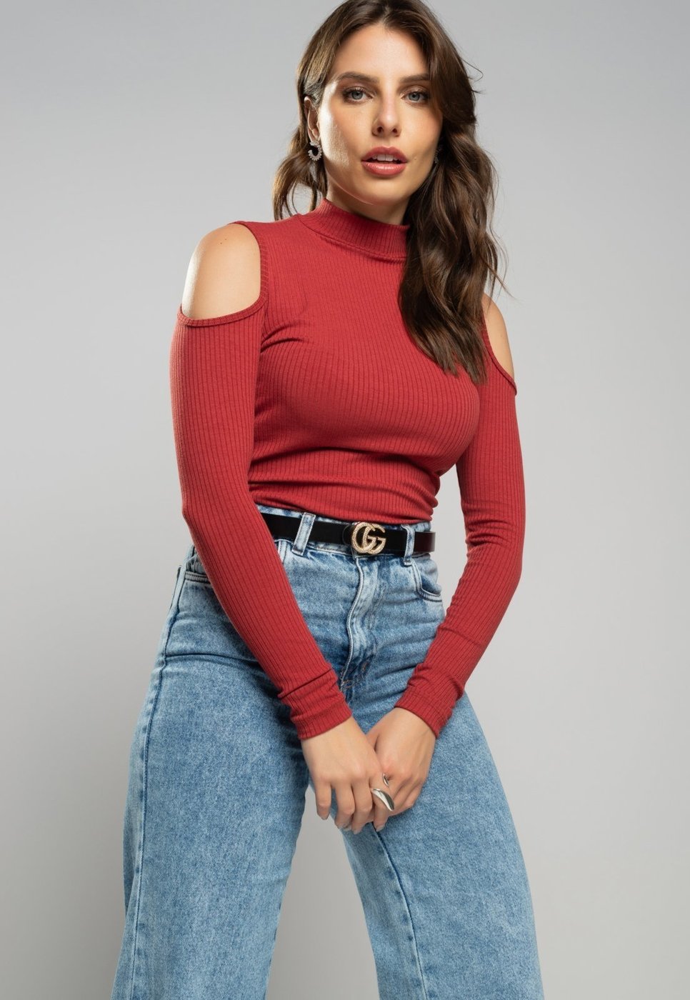 Imagem principal Blusa Salvatore Ombro Vazado Manga Longa Canelada Terracota laranja laranja