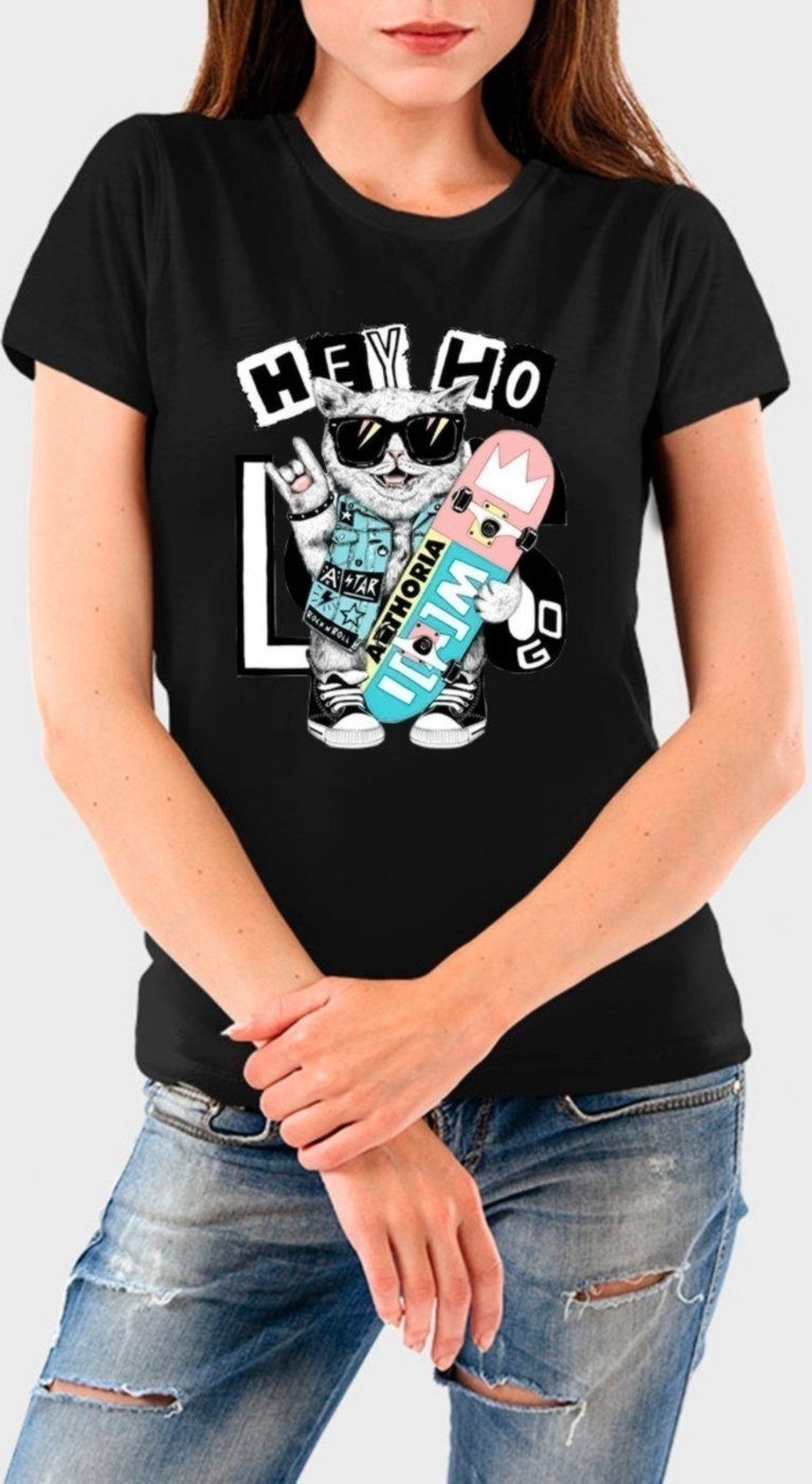 Camiseta Feminina Preta Cat Algodão Premium