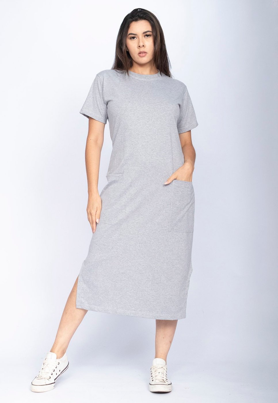 Vestido Cabanafree Midi Easy Algodão Manga Curta Mescla