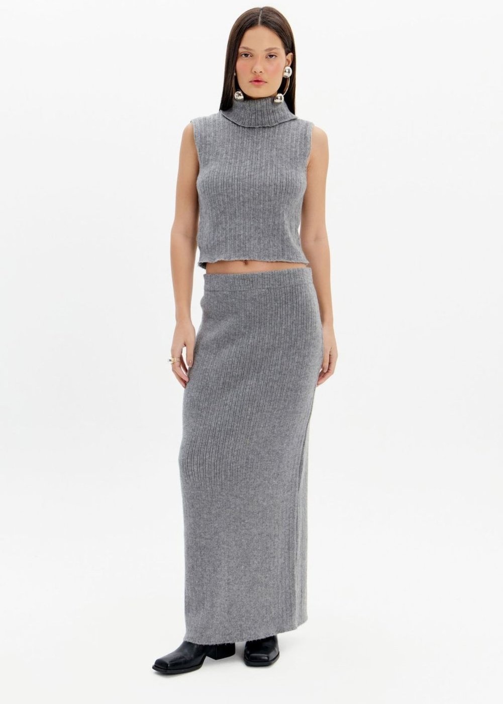 Saia Midi Com Fenda Tricot