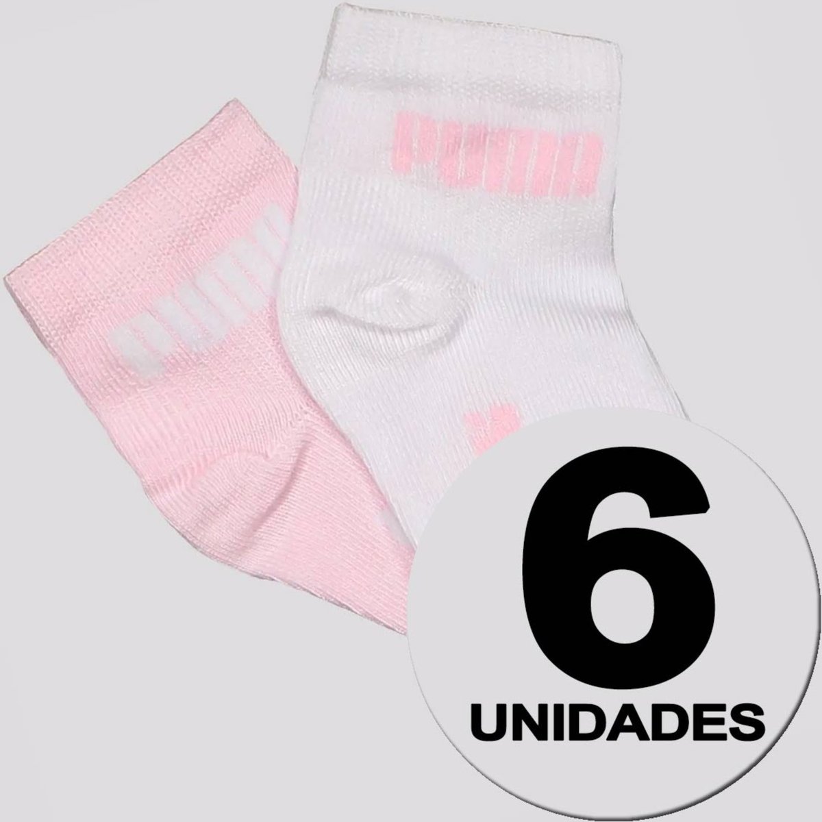 Kit Meia Puma Cano Médio 6 Pares Branca e Rosa