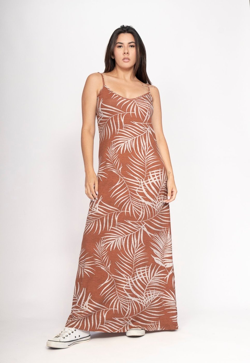 Vestido CabanaFree Guaíra Longo Malha Alça Fina Palmas da Terra