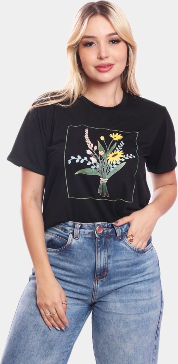 Imagem principal Tshirt Blusa Feminino Flores Retângulo Estampada ADRIBEN preto ADRIBEN preto