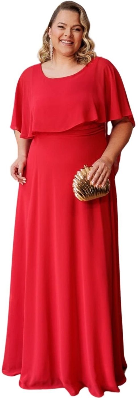 Vestido Longo de Festa Madrinhas Plus Size Curvy Clássico Gola Rendonda Crepe Elegante Junié