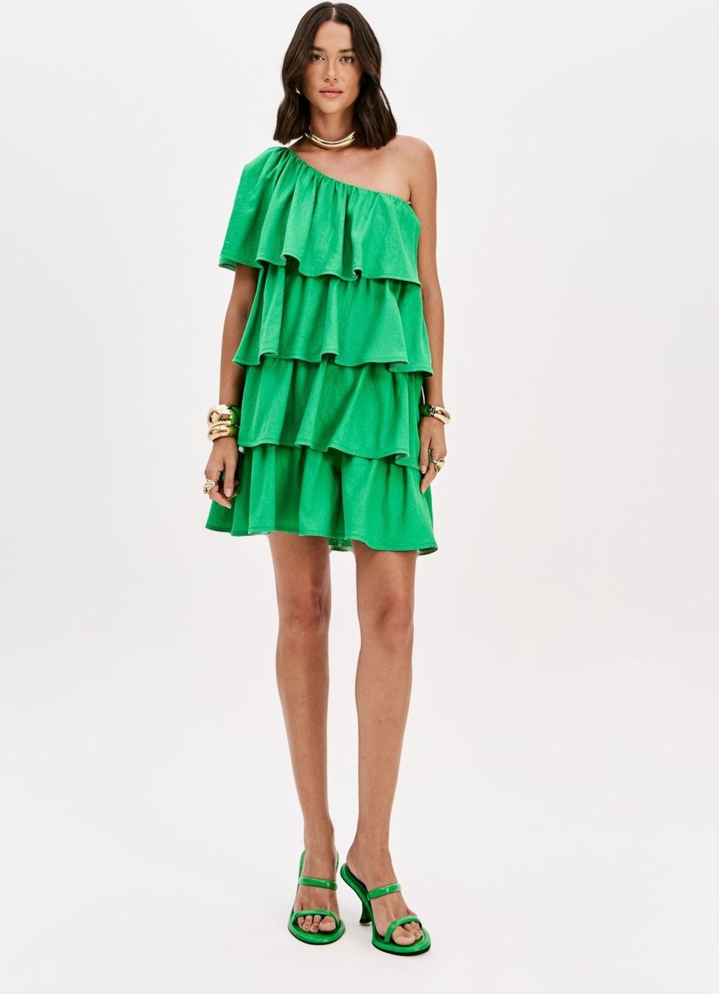 Vestido Curto Ombro Único Com Linho