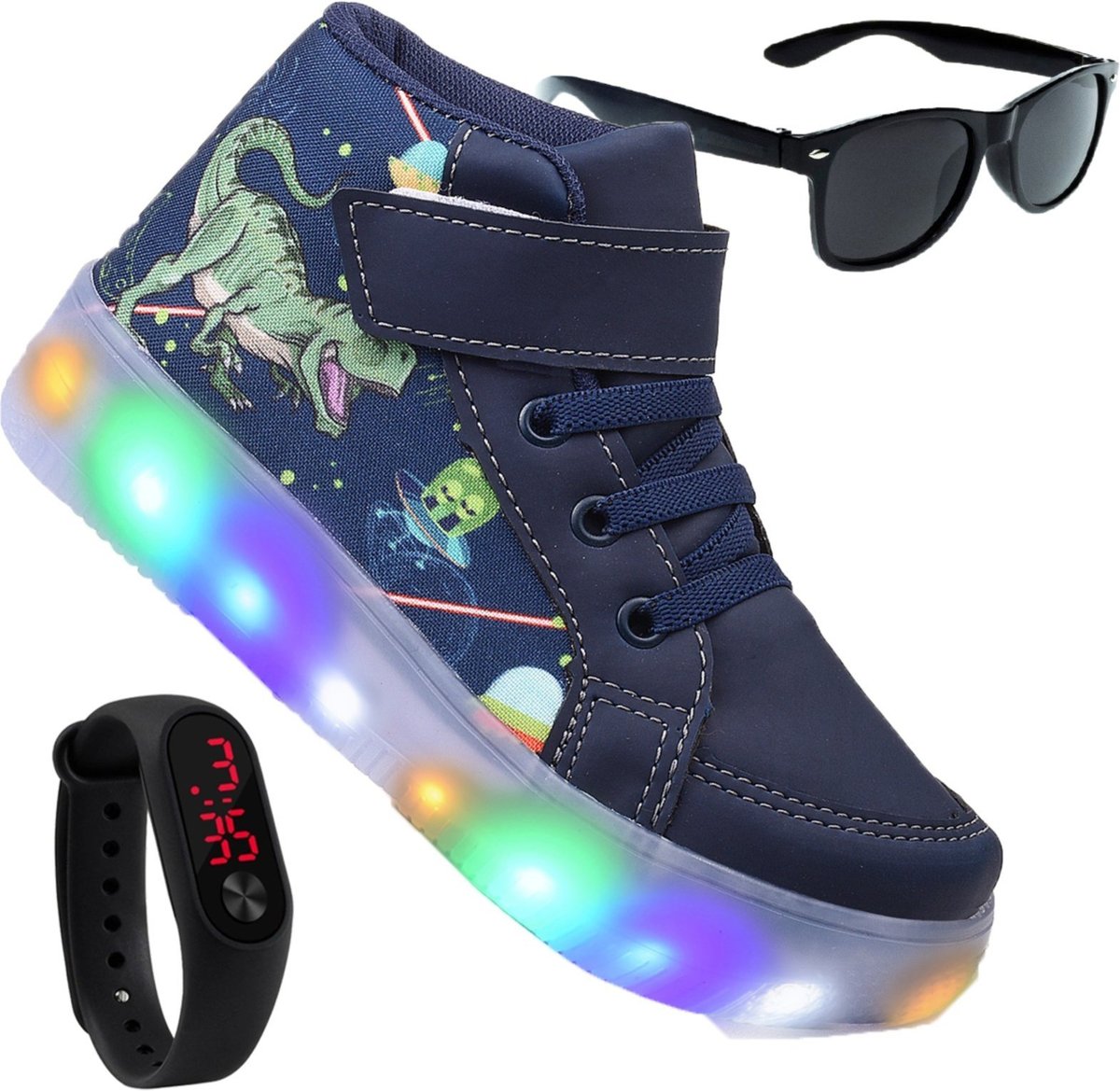 Imagem principal Infantil - Tenis Masculino de Led Botinha Dinossauro Calce Facil Original + Brindes Venza azul marinho Venza azul marinho