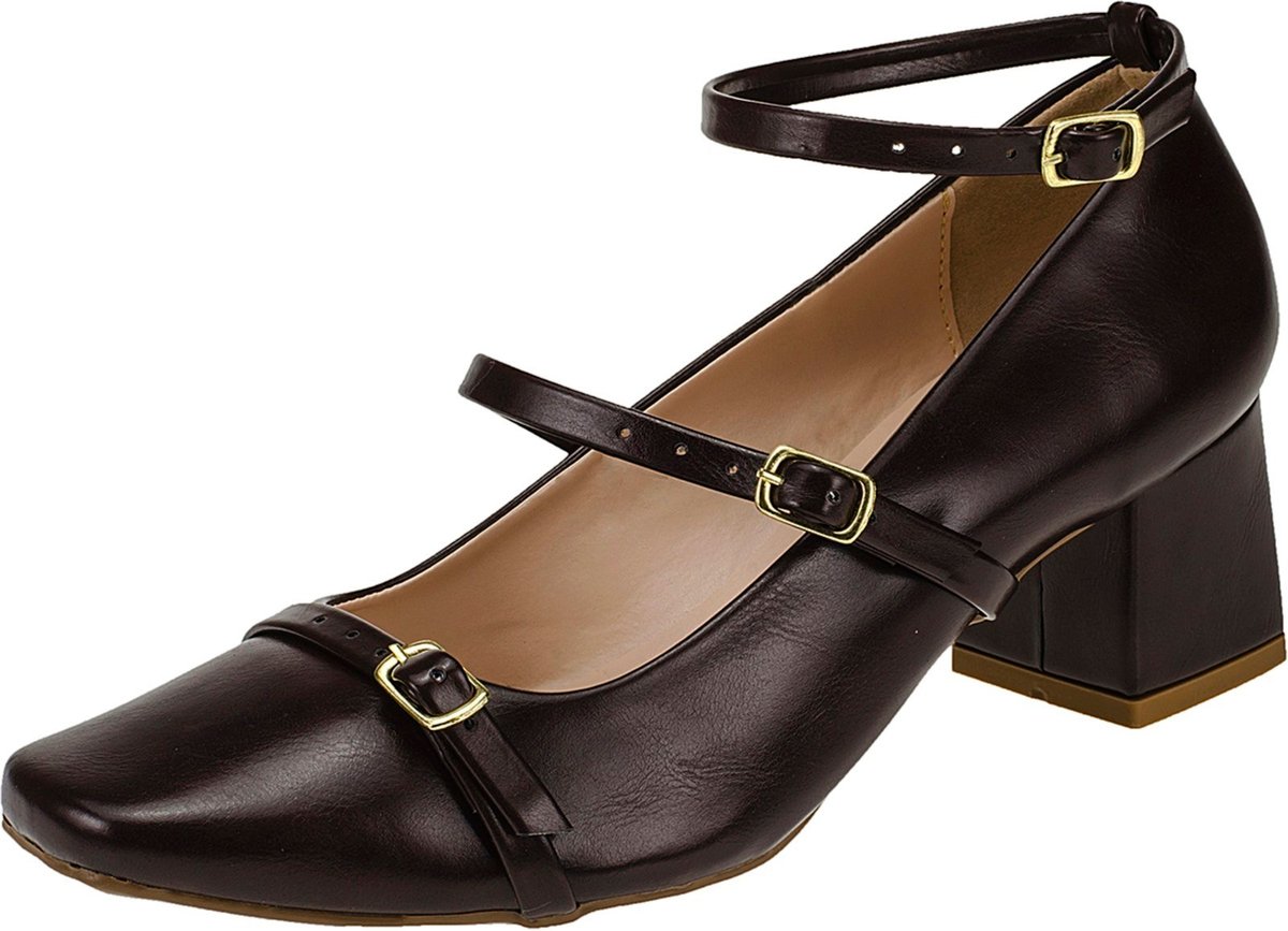 Imagem principal Scarpin Feminino Salto Bico Quadrado Mary Jane Boneca Social Shekinah Fivela Café marrom Shekinah marrom