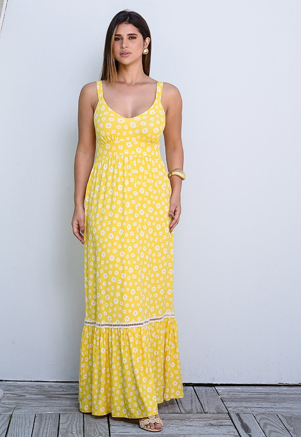 Vestido Longo Alça Barra Guipir com Bojo BBonnie Sarah Amarelo