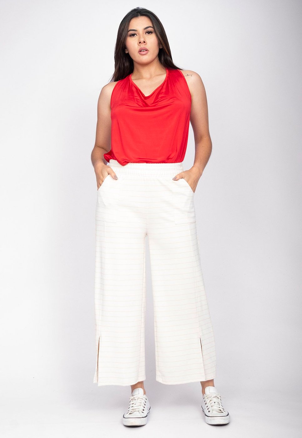 Calça Pantacourt Amazônia Vital Malha Encorpada Risca de Giz Off White