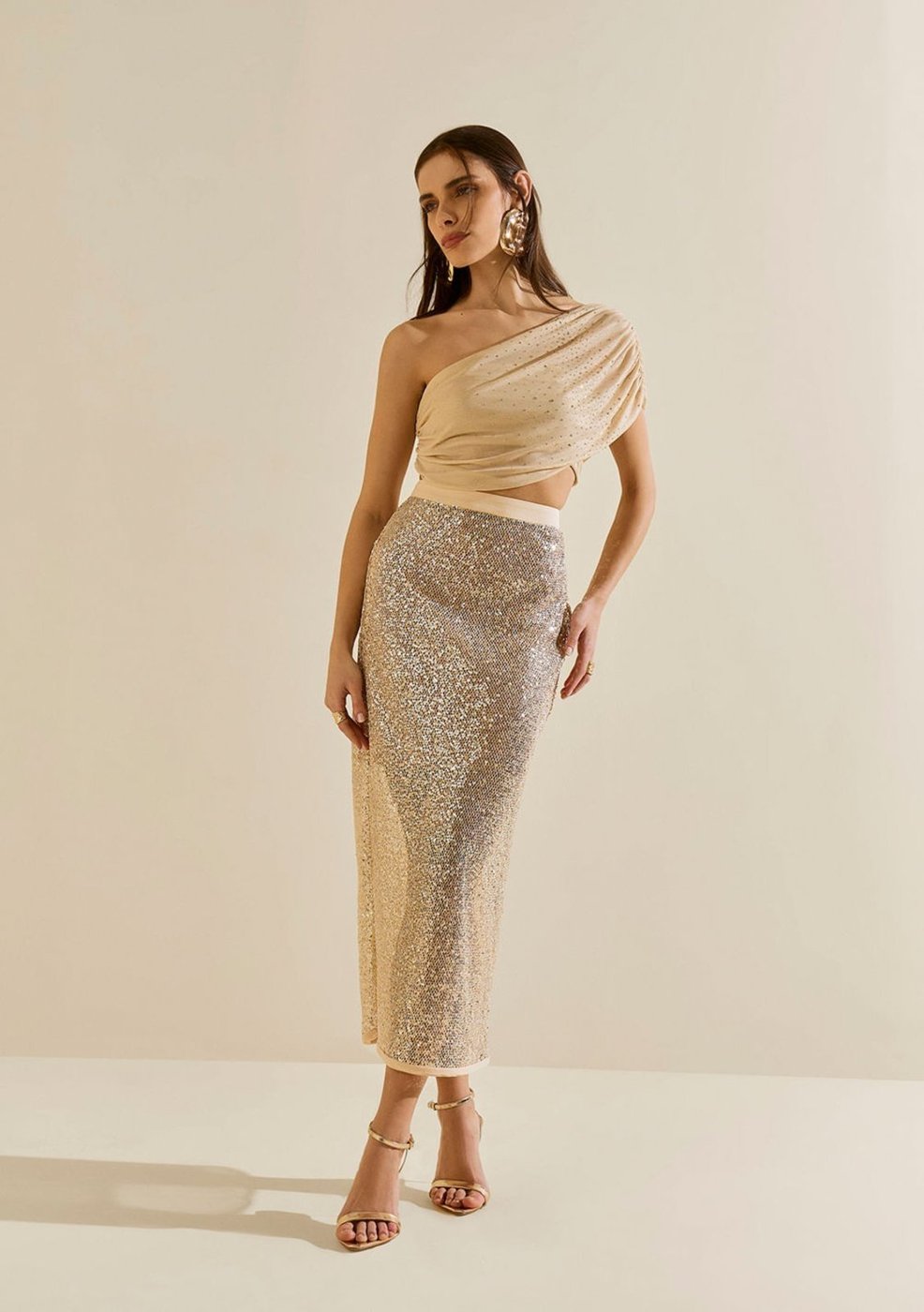 Saia Morena Rosa Reta Alta Midi Bege