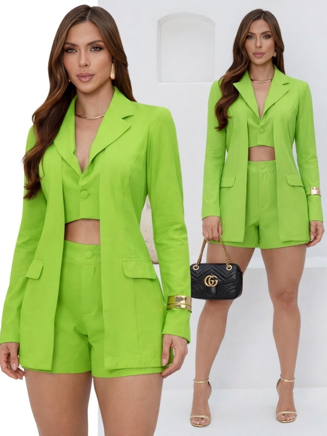 Imagem principal Conjunto Feminino Divina Gata Blazer Colete Duplo Shorts Curto Elegante Casual - Verde WGSN cinza verde cinza verde
