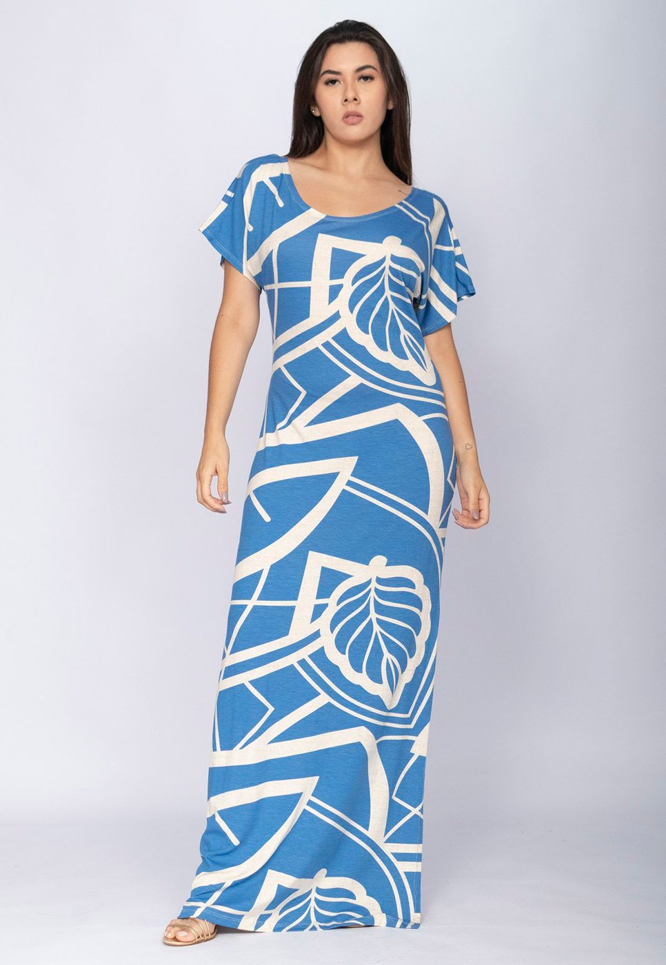 Vestido CabanaFree Longo Malha Fenda na Lateral Estampa Lagoa Botânica