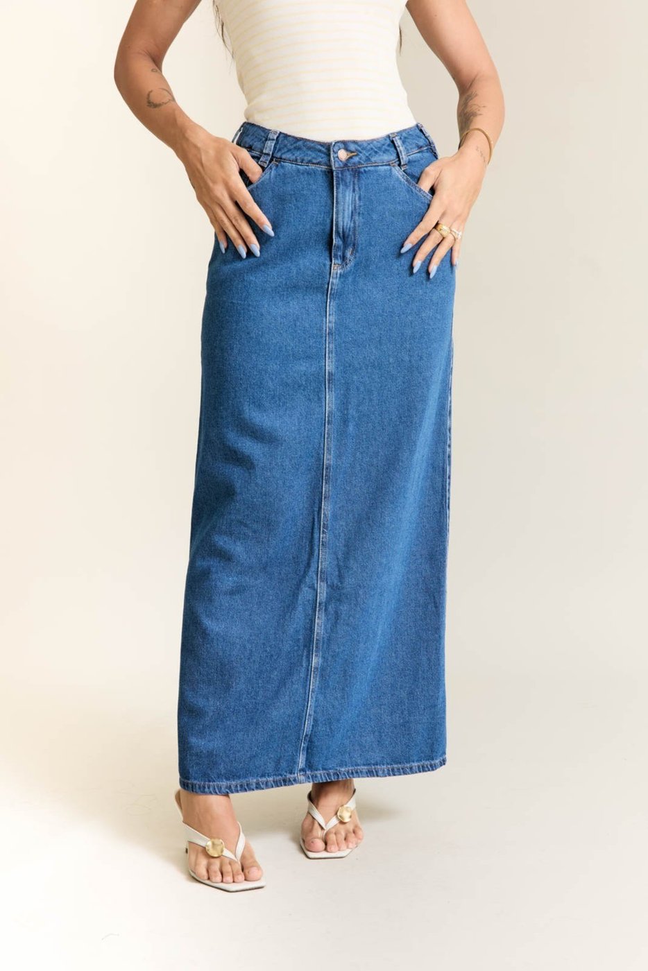 Saia Jeans Feminina Longa com Fenda Posterior Lemier Collection