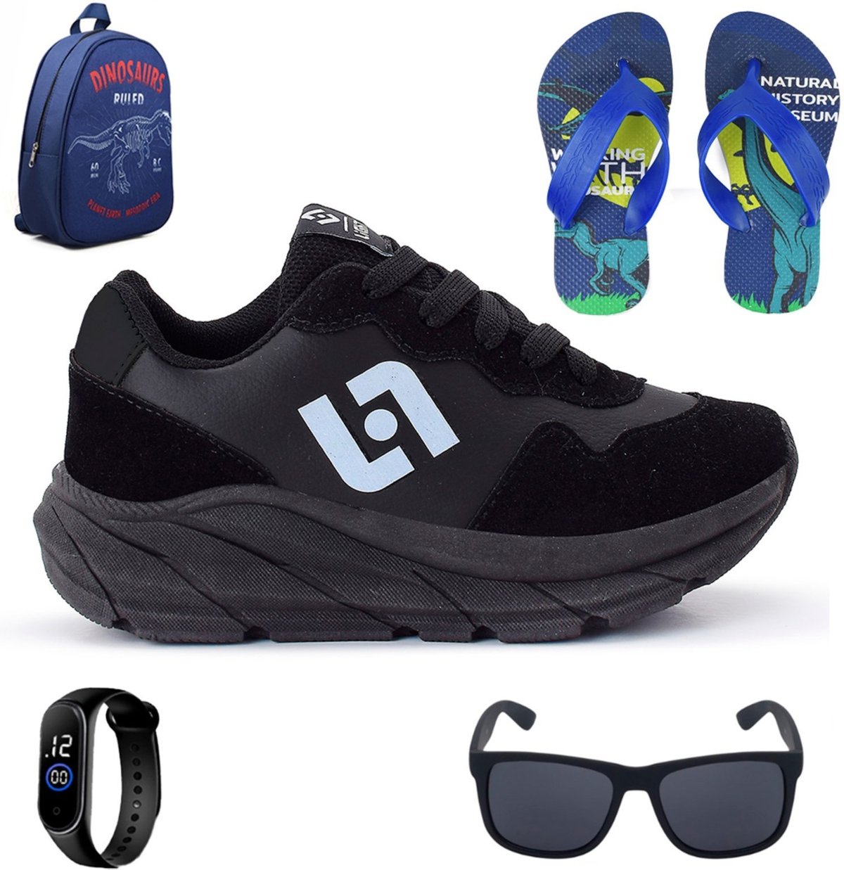 Imagem principal Infantil - Tenis Meninos Jogger Escolar Casual Camurça + Mochila Chinelo Oculos Relogio CALCADOS LGHT LIGHT preto CALCADOS LGHT LIGHT preto
