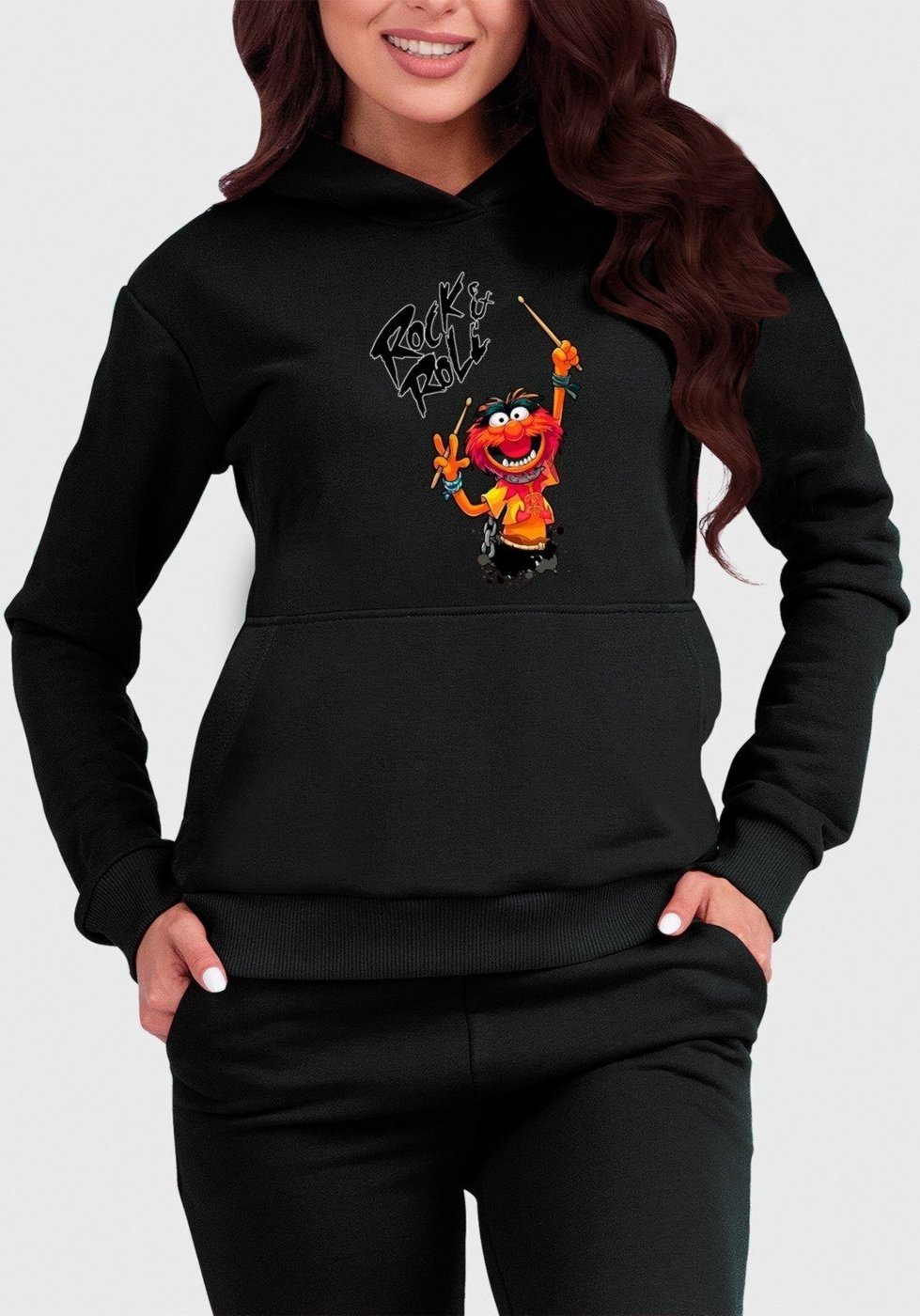 Imagem principal Moletom Canguru Feminino Flanelado com Capuz Rock Roll Divertido Benellys preto Benellys preto