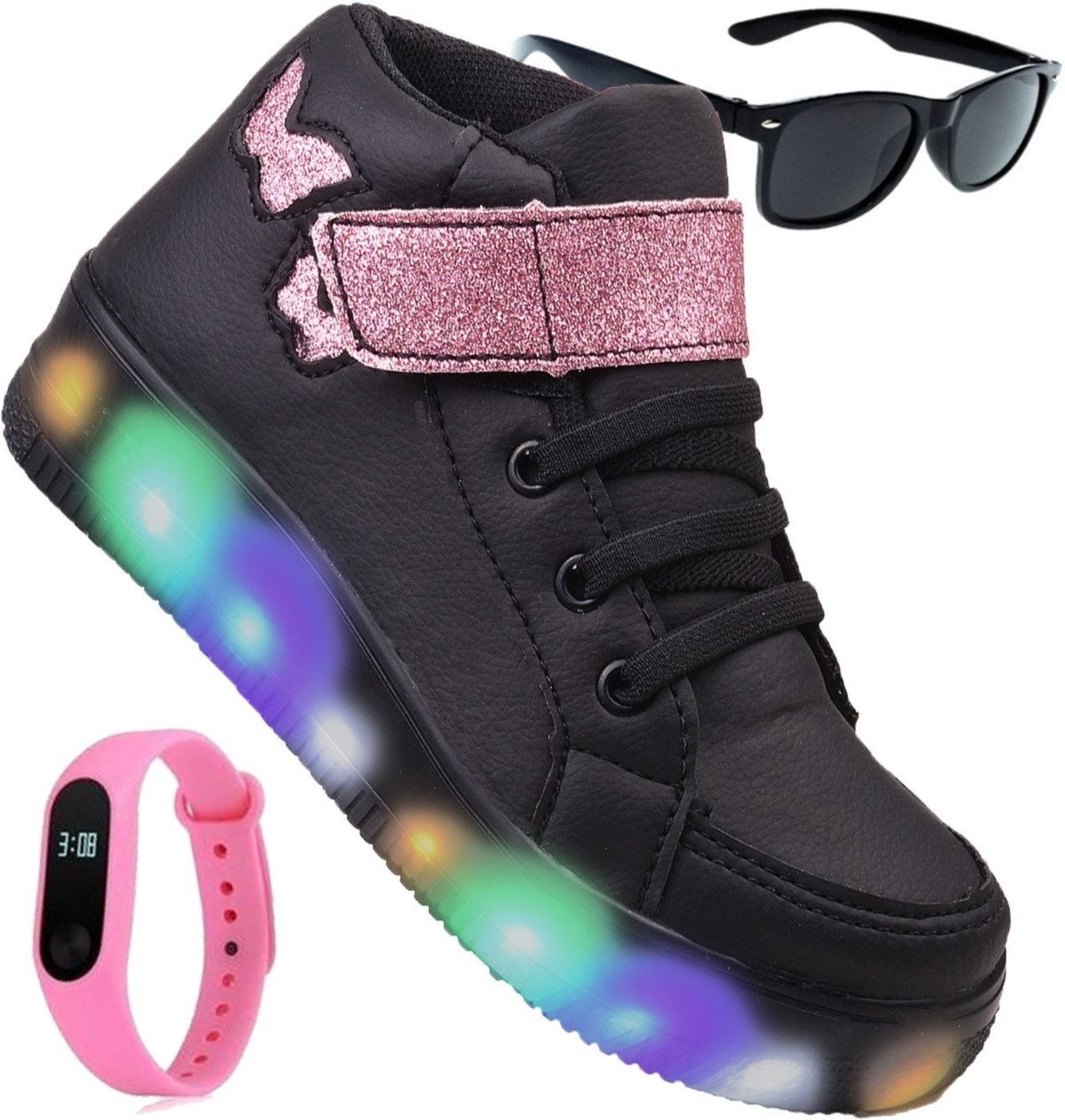 Imagem principal Infantil - Tenis Feminino de Led Botinha Borboleta Glitter Calce Facil + Oculos + Relogio CALCADOS LGHT LIGHT preto CALCADOS LGHT LIGHT preto
