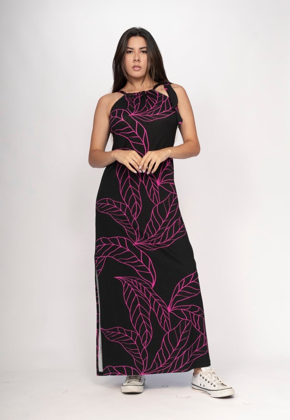 Vestido CabanaFree Capotira Longo Malha Alça Ajustável Estampa Antúrios Lilás