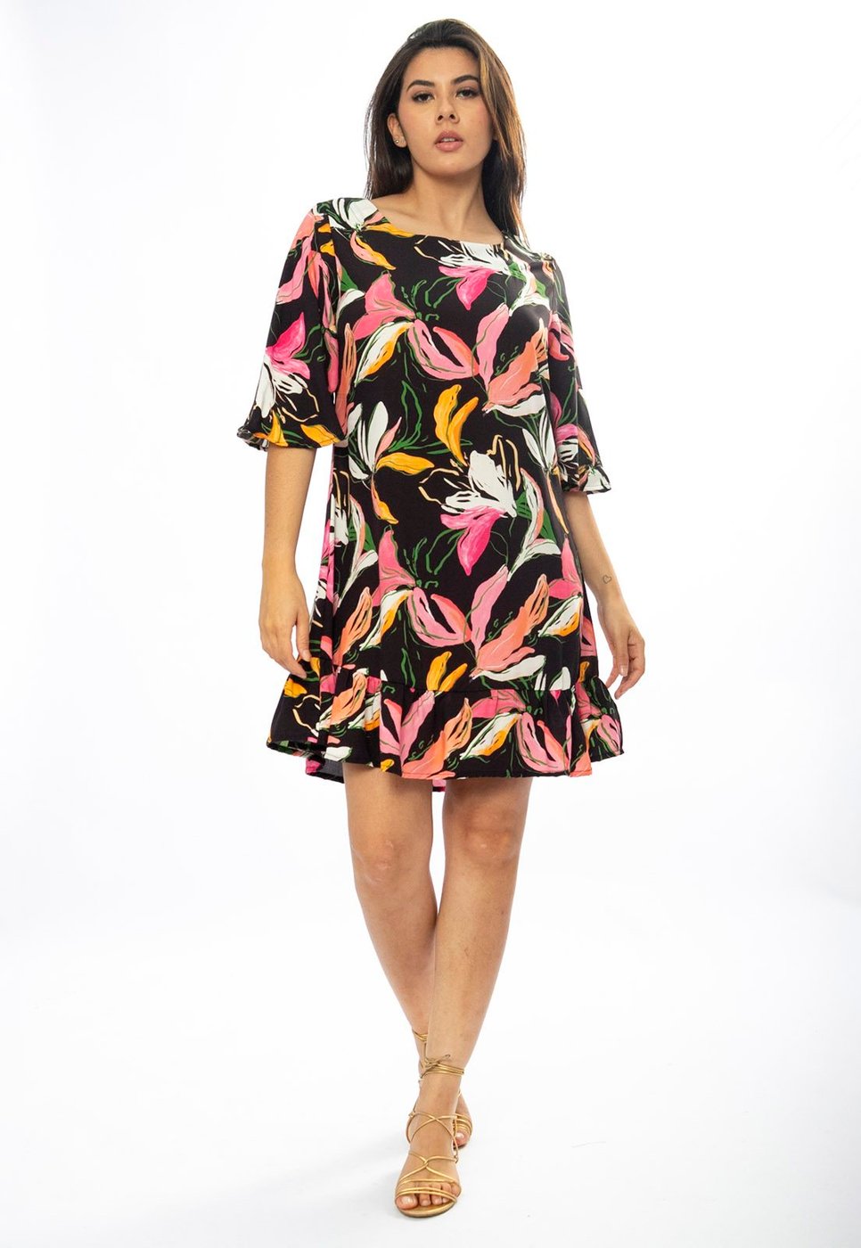 Vestido Amazonia Vital Curto Viscose Estampa Pétalas Noturna