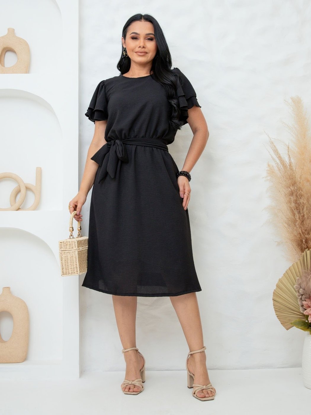 Vestido Midi FS CONCEPT Manga Curta com Babados e Cinto Moda Modesta