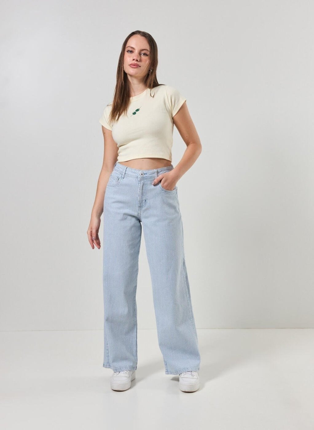 Calça Sarja Wide Leg Listrada