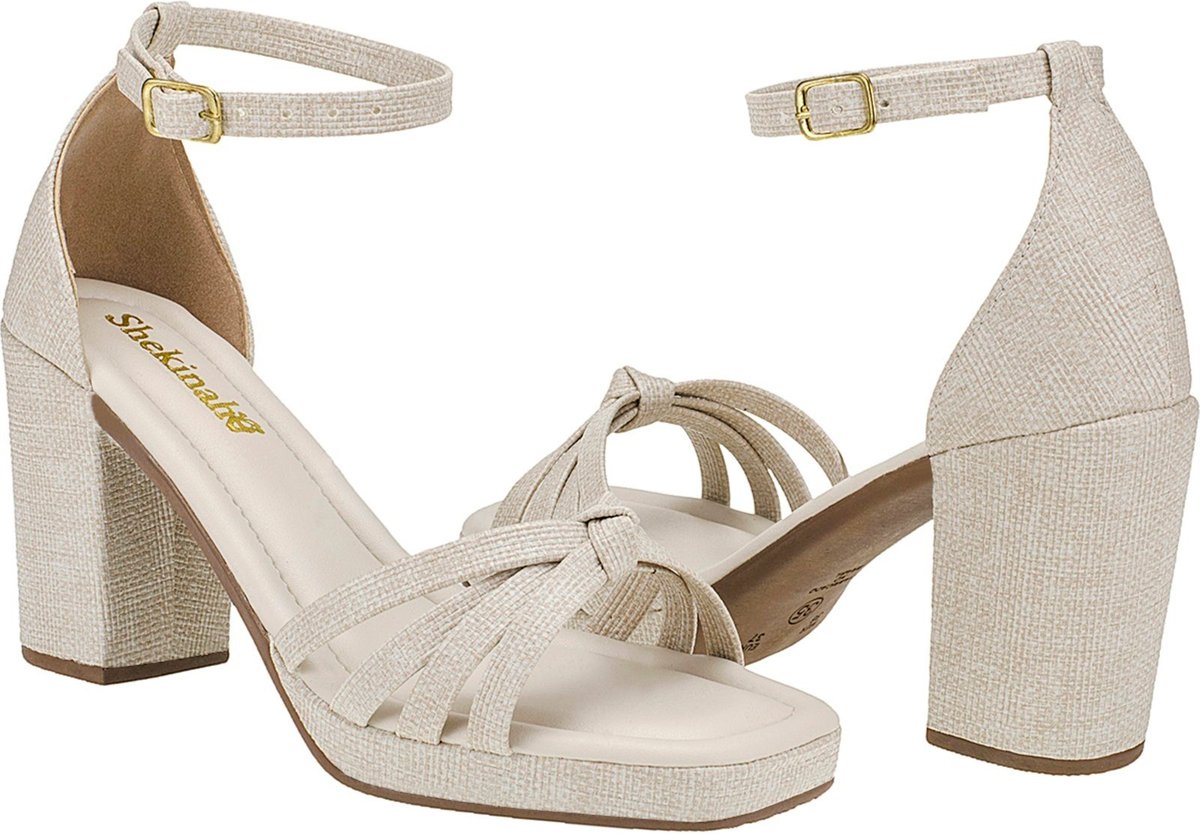 Sandália Feminina Meia Pata Salto Alto Bloco Quadrado Shekinah Confortável Off White