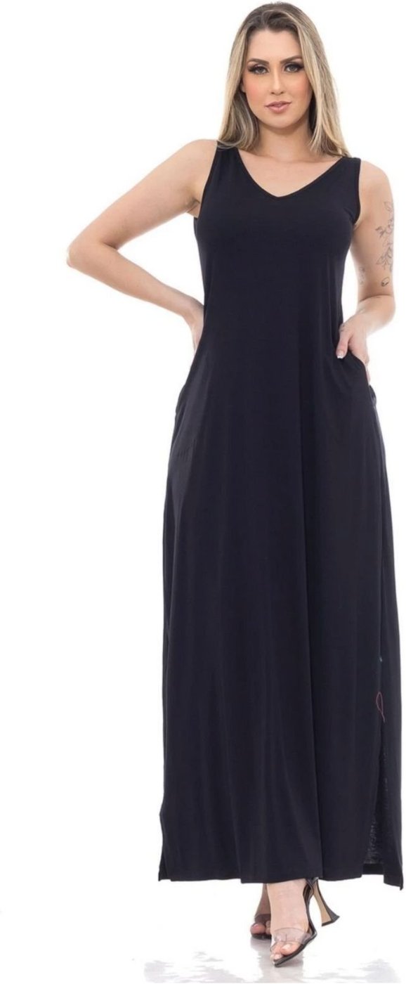 Vestido Regatão Longo De Viscolycra Premium Com Detalhes Laterais na Barra e Bolsos