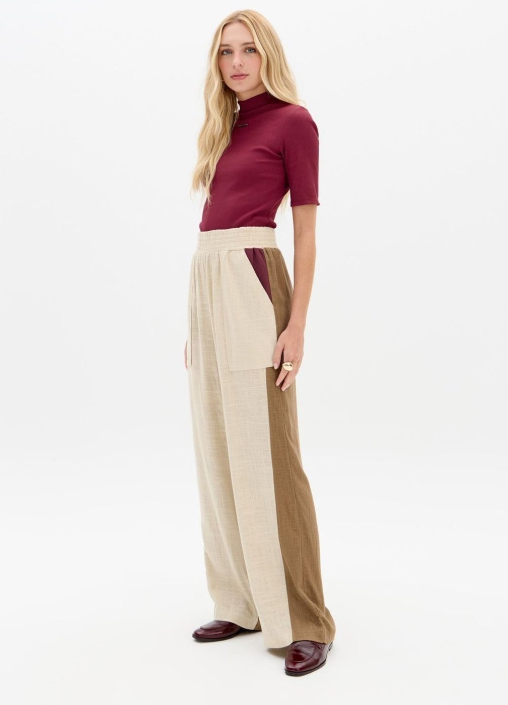 Calça Reta Cós Elástico Com Linho