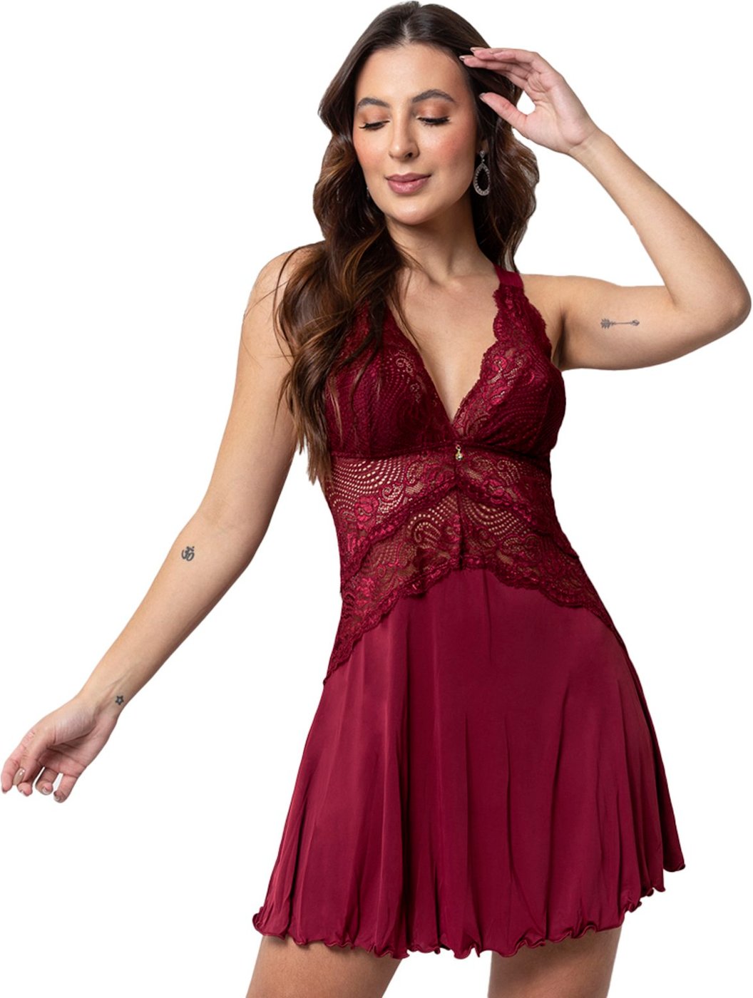 Camisola Bruna Gabi Lingerie Renda Sensual Sem Bojo Curta Pijama Sexy Rubro