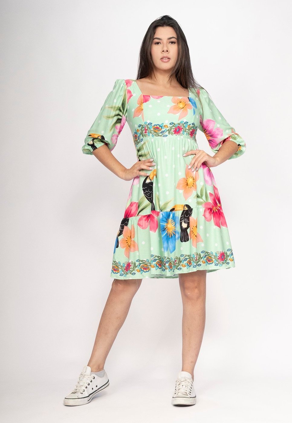 Vestido CabanaFree Curto Manga 3/4 Estampa Jardim do Cerrado Verde