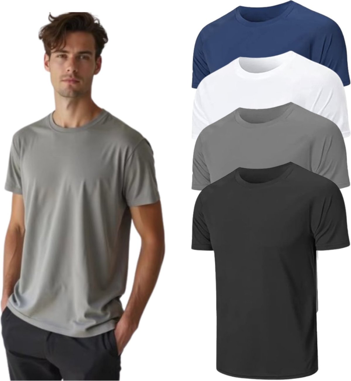 Imagem principal Kit 4 Camisetas Masculinas Dry Fit TH6 Casuais Lisas Poliéster Premium azul marinho/branco/cinza/multicolorido/preto TH6 azul marinho/branco/cinza/multicolorido/preto