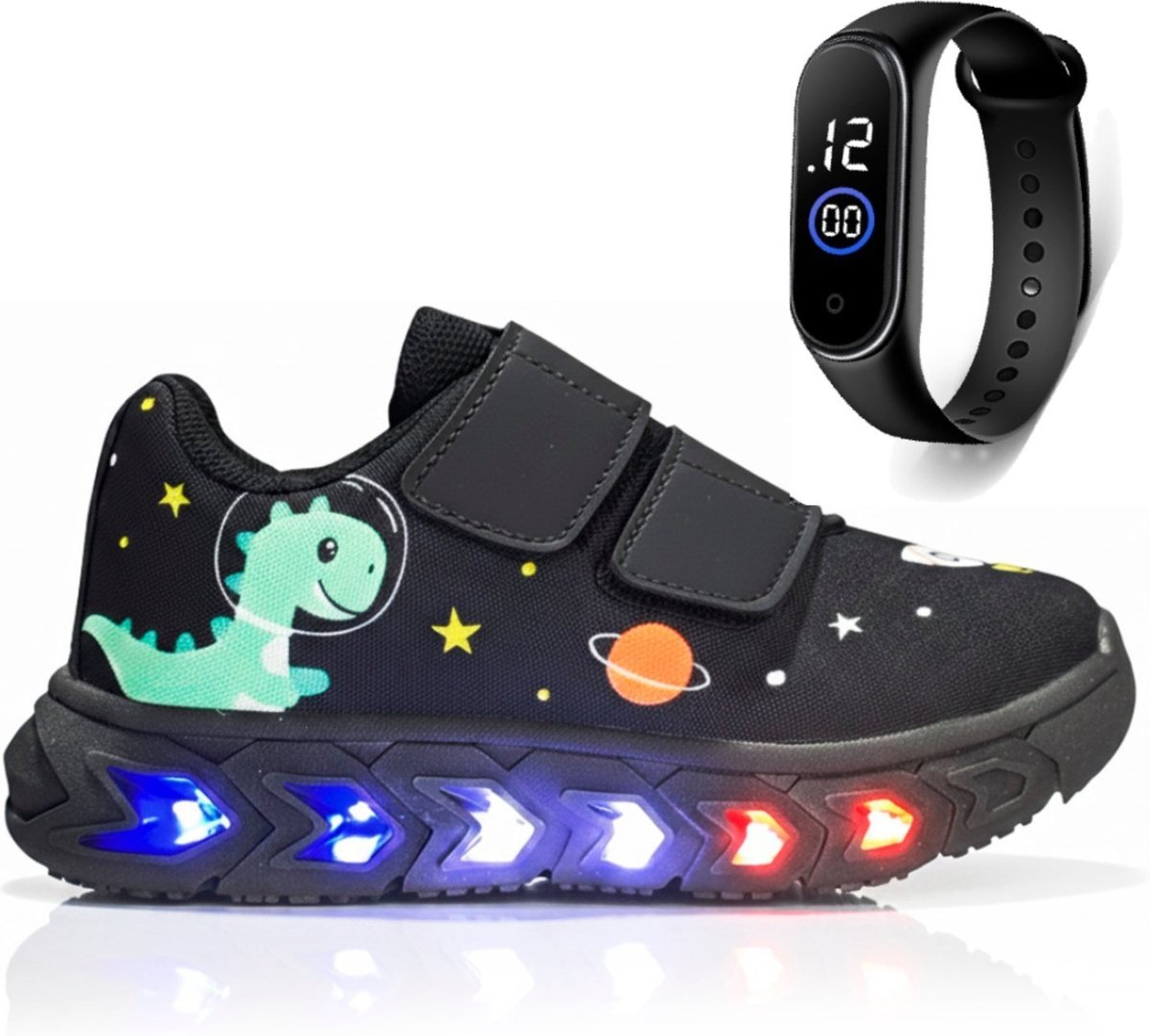 Imagem principal Infantil - Kit Tênis de Led para Meninos Dino Estampa Confortável + Relógio Digital CALCADOS LGHT LIGHT preto CALCADOS LGHT LIGHT preto