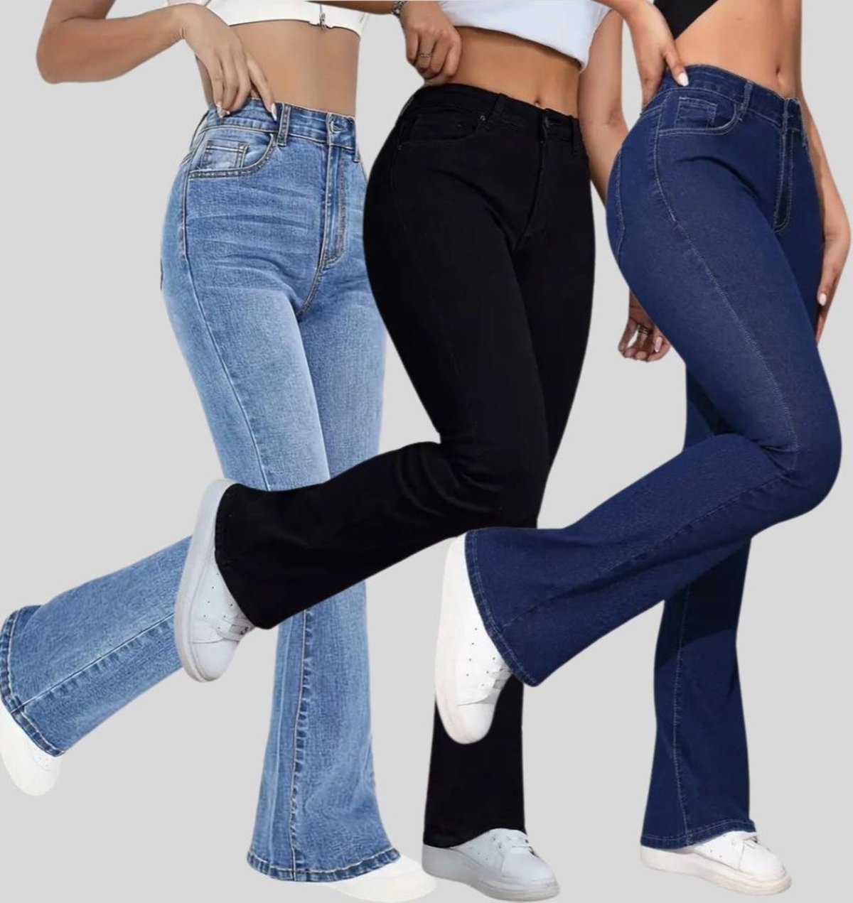 Imagem principal Kit 3 Calças Femininas Flare Lavagem Clara, Preta e Lavagem Escura Cintura Alta TEX JEANS TEX JEANS jeans