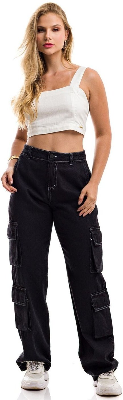 Calça Restrito Jeans Wide Leg Cargo 8 Bolsos Black Linhas Brancas - Preto