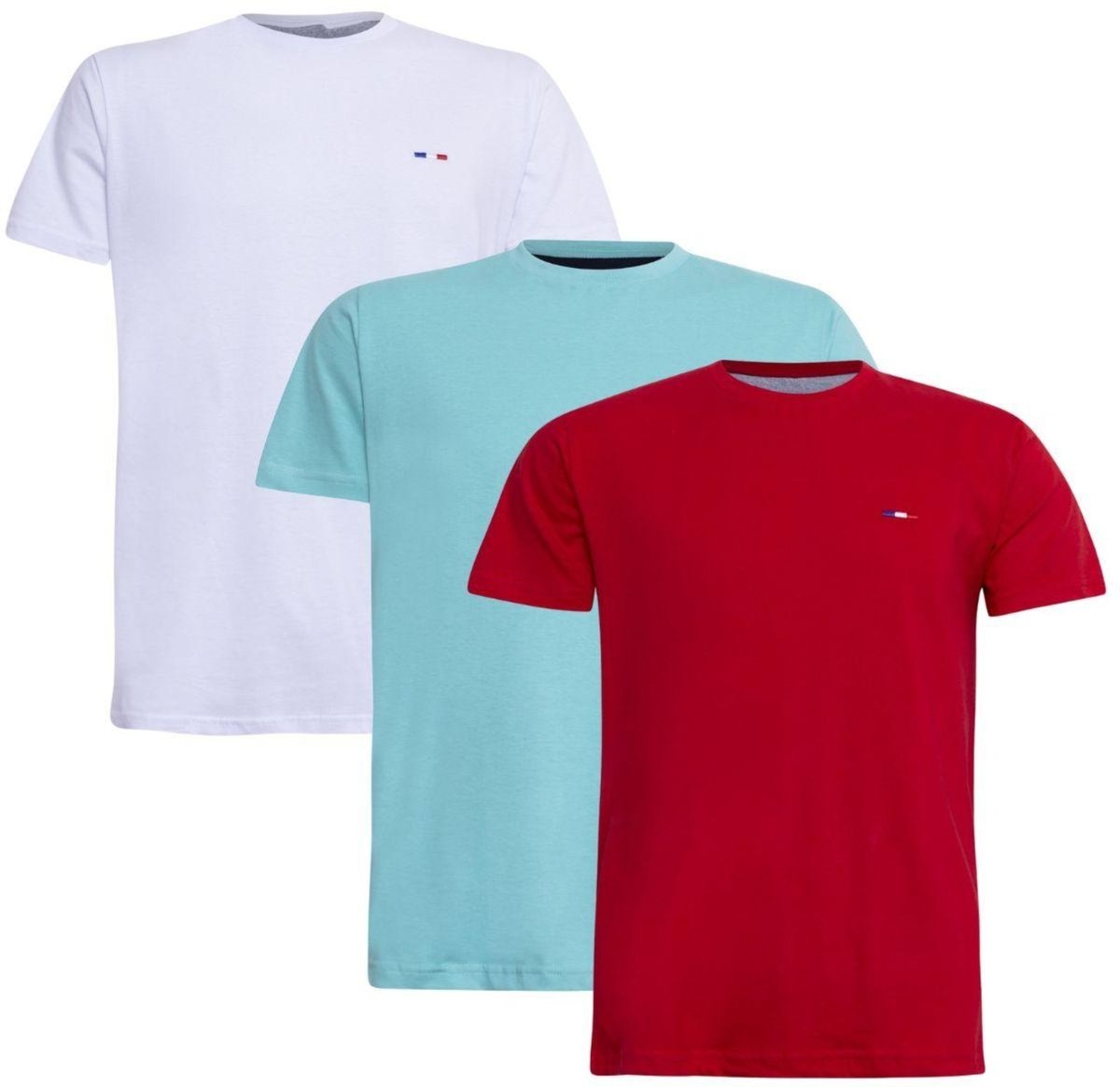 Imagem principal Kit 3 Peças Camisetas Básicas Masculina FMF Azul Vermelho Branco em Algodão Premium no Estilo Tommy Bordado França vermelho azul FMF vermelho azul