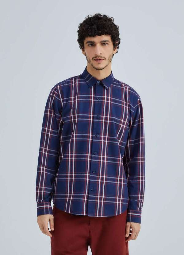 Camisa Masculina Manga Longa Xadrez Azul