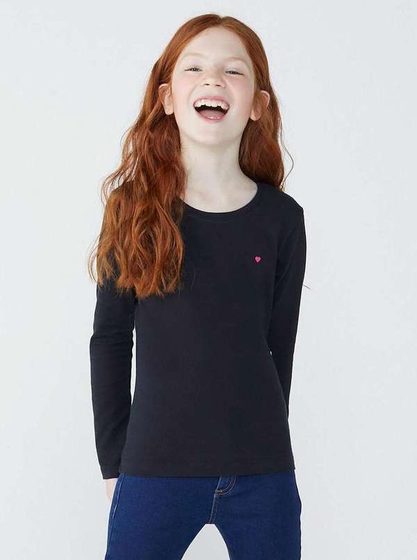 Blusa Basica Infantil Menina Manga Longa com Patch Hering Kids... Preto