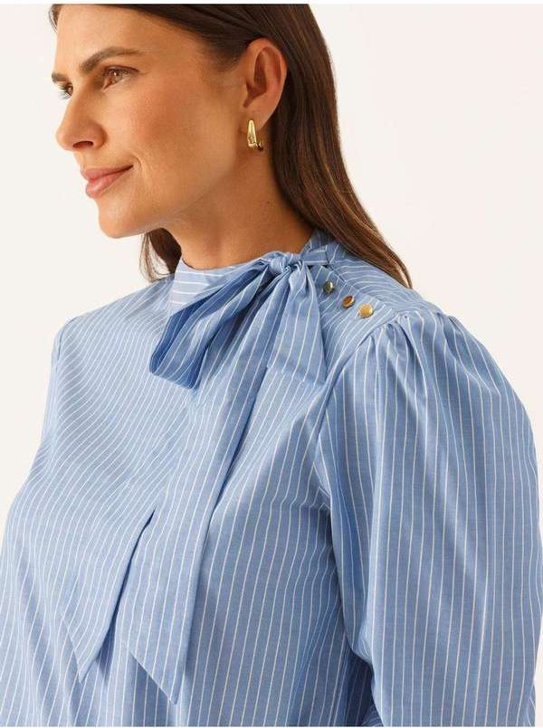 Blusa Manga Longa em Algodão Listrada Azul Claro Vandy