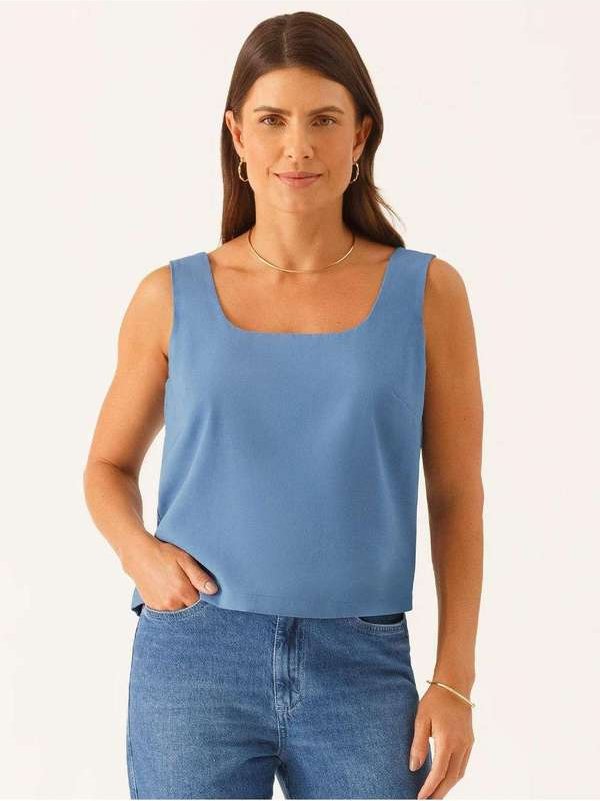 Blusa sem Manga Decote Quadrado em Viscose Azul Gleice