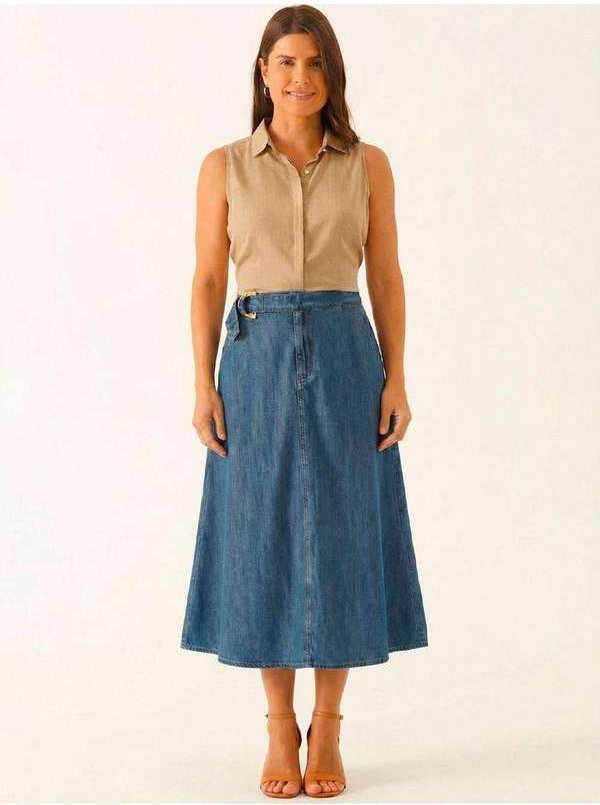 Saia Jeans Evasê Longuete Azul Médio Vanice