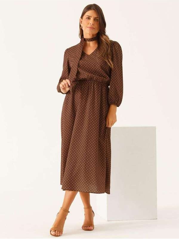 Vestido Longuete Decote V em Crepe Marrom Yohara