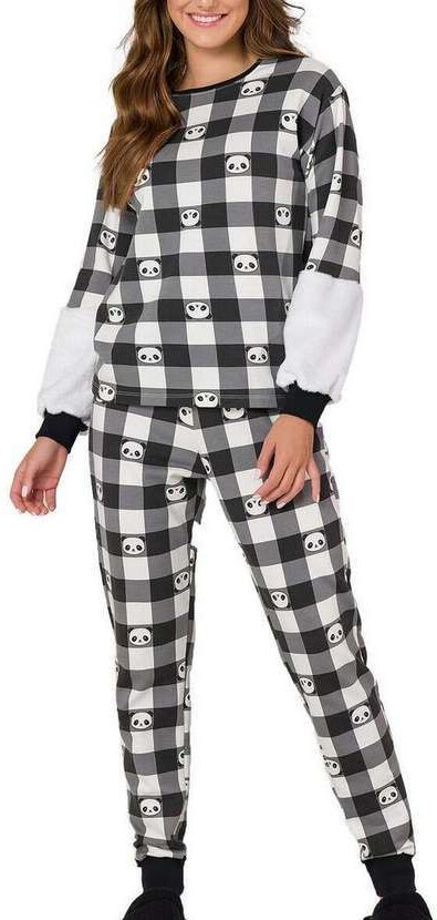 Pijama Feminino Longo Espaço Pijama 41283 Off-White-Preto