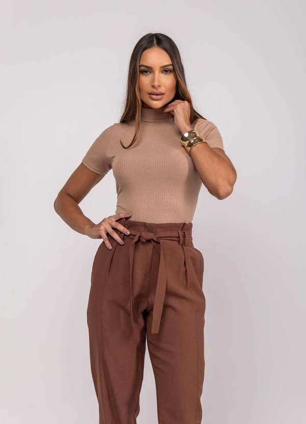 Blusa Gola Alta Malha Canelada Fashion Marrom