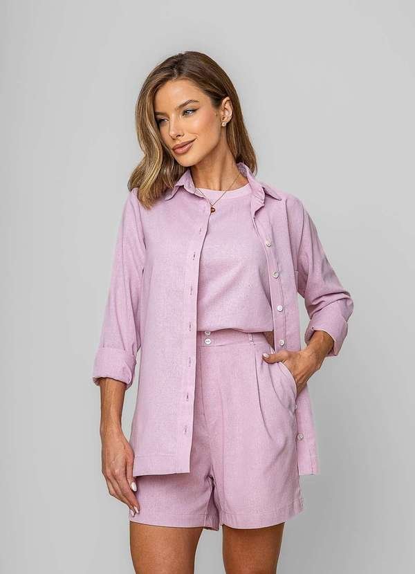 Camisa Alfaiataria Linho M/L com Bolso Rosa