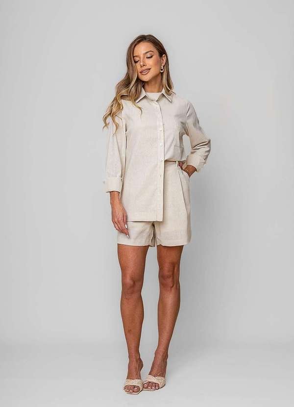 Camisa Alfaiataria Linho M/L com Bolso Bege