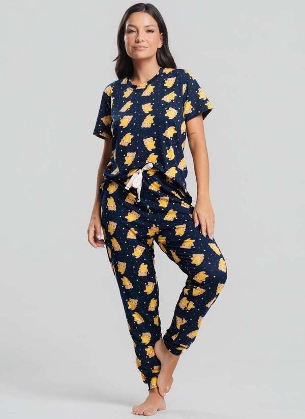 Pijama Calça e Blusa M/C Malha Fashion Azul