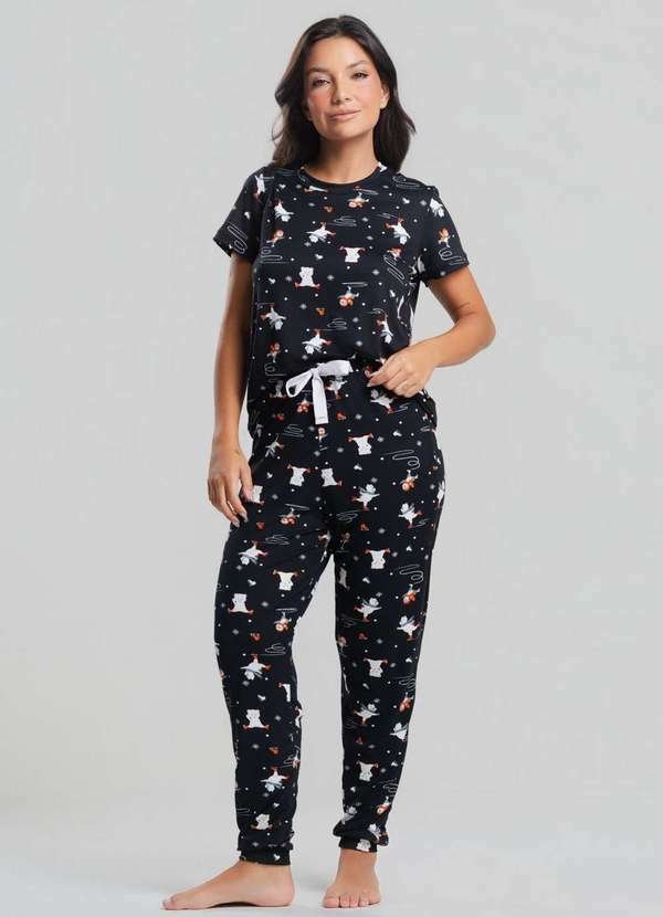 Pijama Calça e Blusa M/C Malha Fashion Preto