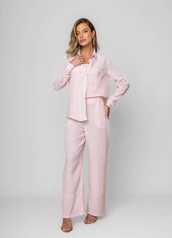 Calça Pantalona Alfaiataria Listrada Rosa