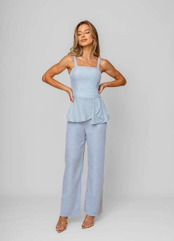 Calça Pantalona Alfaiataria Listrada Azul