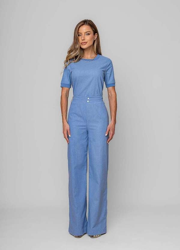 Calça Reta Lisa Alfaiataria Azul